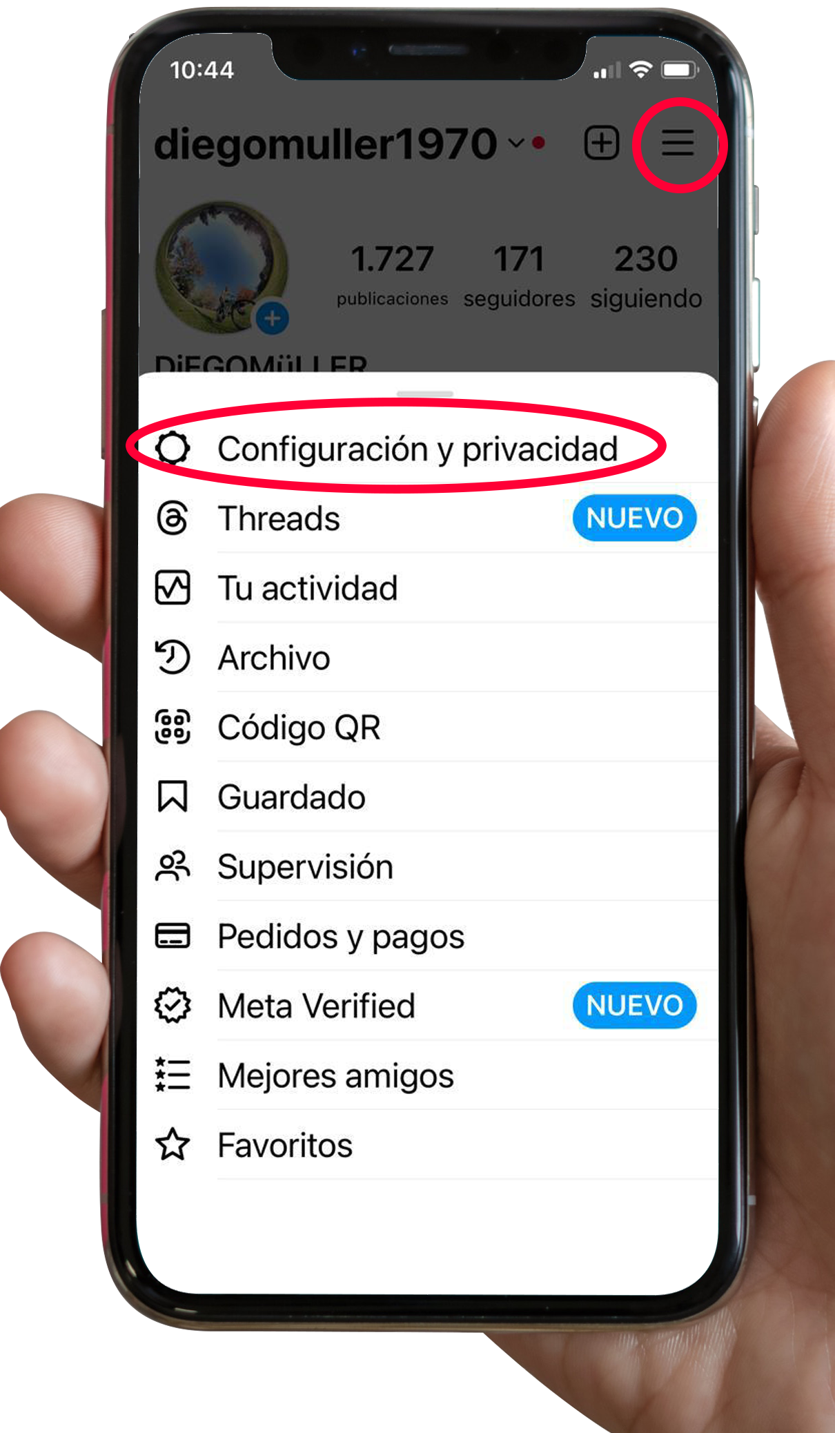 Icono de menú de Instagram y Configuración y privacidad