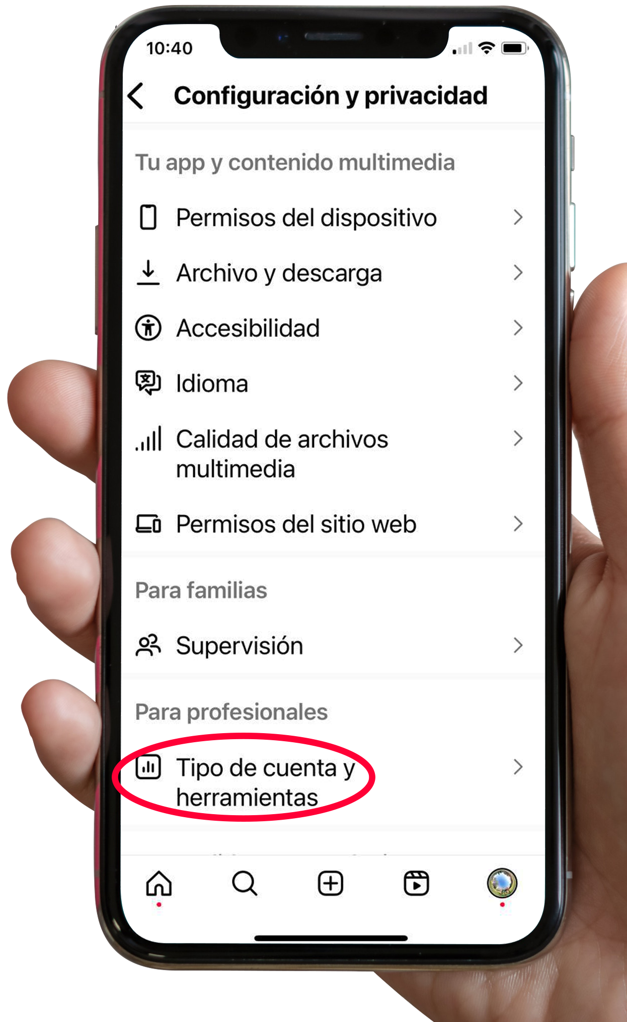 Sección Para Profesionales y Tipo de cuenta y herramientas